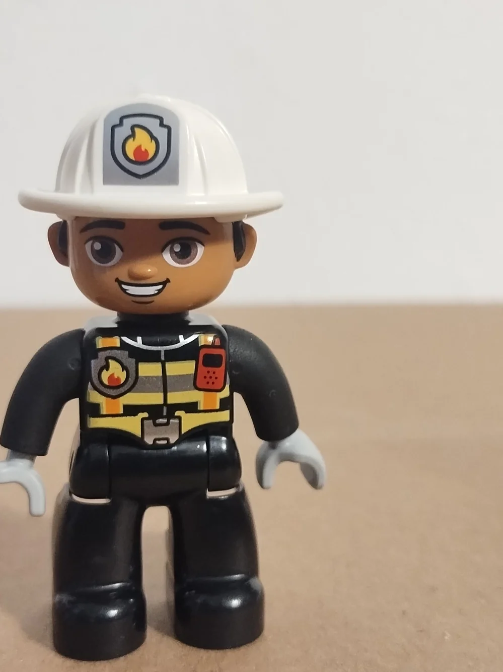 Lego Duplo Figure Fireman white hat (fire on hat) black uniform